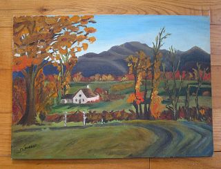 Vtg Painting Mountains Autumn Trees Signed Amateur Art Oil On Board 10 X 14 1969