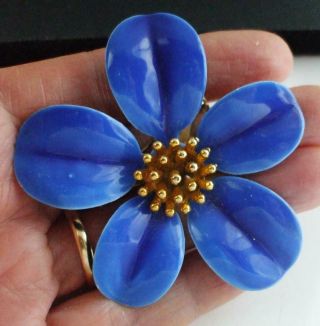 Pretty Vintage Blue Enamel & Gold Tone Flower Pin Brooch