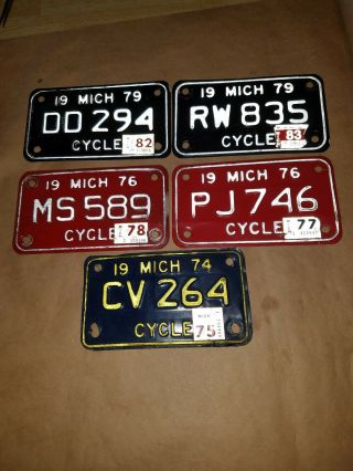 Vintage Michigan Motorcycle License Plates Group Of 5 1974 Two 1976 And Two 1979