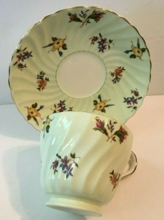 Vintage Aynsley Green Swirled Tea Cup & Sauce With Multi Floral England