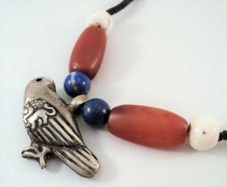 Vtg Sterling Silver Bird Pendant W/ Lapis Conch & Glass Bead On Wrapped Leather