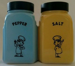 Vintage Tappan Mckee Milk Glass Salt Pepper Shaker Set - Blue & Yellow
