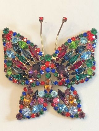 Gorgeous Vintage High End Multi Colored Rhinestone Butterfly Brooch Pin Beauty