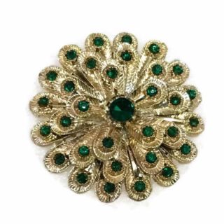 Flower Pin Brooch Vintage Green Rhinestones Layered Gold - Tone Petals Stunning