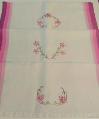 Set Of 3 Vintage Hand Embroidered Linen Dish Towels Pink Stripes / Flowers