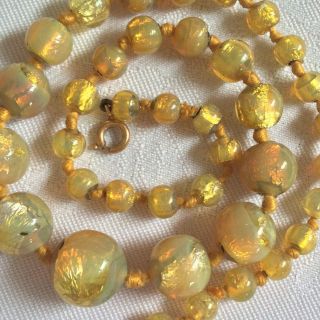 Vintage Art Deco 1930’s Opalescent Gold Foil Glass Bead Knotted Necklace