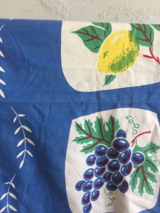 Vtg Tablecloth Fruit Pattern Blue Grid Cherries Lemons White Yellow Red 54 