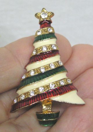Vintage Jewelry Eisenberg Christmas Tree Pin Brooch Rhinestones Enameled Bands