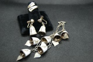Vintage Siam Thai Sterling Enamel Niello Dancer Bell Bracelet Earrings Ring Set