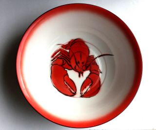 Vintage Enamelware Enameled Metal Large Lobster Bowl Red With Blue Rim Exc
