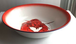 Vintage Enamelware Enameled Metal Large Lobster Bowl Red with Blue Rim EXC 2