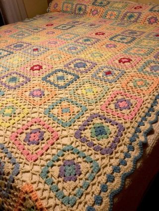 Vintage Handmade Afghan Granny Squares Crochet Pastel Colors 74x83 Queen Size