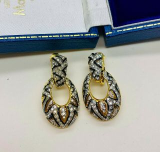 Vintage Jewellery Signed Swarovski Clear Crystal/black Enamel Clip On Earrings