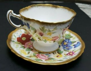 Vintage Hammesley Footed Cup And Saucer Floral Design And Thick 24kt Gold Gilt