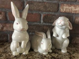 Set Of 3 Vintage Fitz & Floyd White Hand Painted Rabbit Bunny 3 Poses 1975
