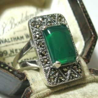 Vintage Style Art Deco Sterling Silver Marcasite Green Chalcedony Ring R 8.  5
