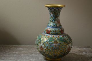 Vintage Chinese Cloisonne Multi - Color Enamel Gold Gilded Brass Vase 7 3/8 "