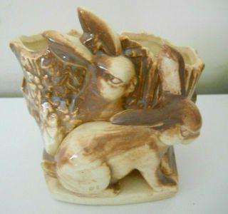 Vintage 1951 Mccoy Rabbits And Stump Planter Beige And Brown Usa