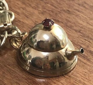 Vintage Gold Tone Charm Bracelet Red Rhinestone Three - Dimensional Tea Kettle 7”