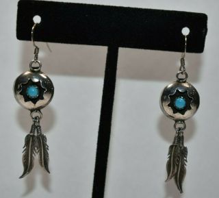 Vintage Navajo Sterling Silver Turquoise Shadowbox Dangle Feather Earrings