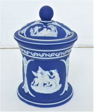 Vintage Wedgwood (only) Blue Jasperware Olympus Jar,  White Decoration
