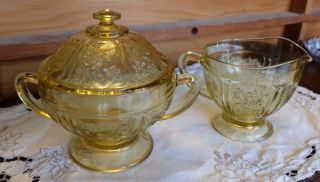 Vintage Federal Glass Sharon Cabbage Rose Amber Sugar Bowl & Lid & Creamer 1935