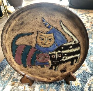 Vintage Decorative Art Kitty Cat Plate Unique 12 " Pottery Signed Mara Mexico Mnt