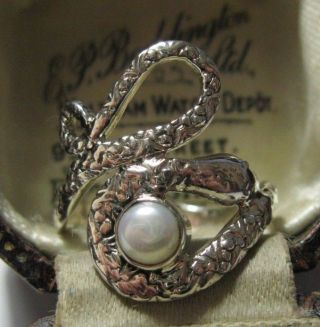 Vintage Style Solid Sterling Silver Real Pearl Snake Jewellery Ring O 1/2