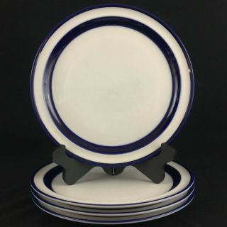 Set Of 4 Vtg Dinner Plates 10 5/8 " Noritake Fjord Blue & White Stoneware Japan