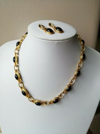 Vintage Jewellery Signed Monet Goldtone And Black Necklace And Earrings Set