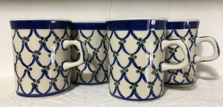 4 Vintage Polish Pottery Coffee Mugs 8 Oz Boleslawiec Blue Fishnet
