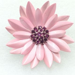 Vintage Flower Brooch Pin Pink Glass Rhinestone Enamel Costume Jewelry