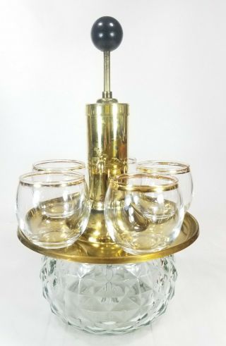 Vintage Brass And Glass Pump Style Decanter Bottle Park Sherman Rolly Polly Set