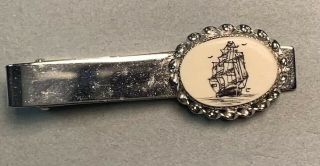 Vintage Sterling Silver And Scrimshaw Decorated Tie Clasp/bar