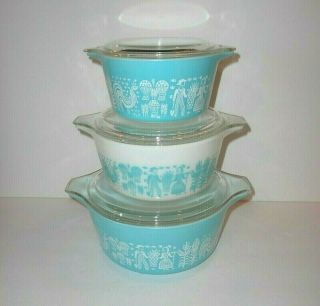Vintage Pyrex Casserole Dishes With Lids Set Of 3 Amish Butterprint 473 474 475