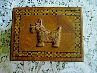 Sweet Vintage Wooden Scottie Dog Trinket Box W/inlaid Design