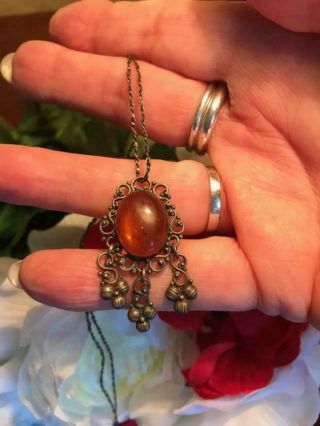 Vintage Sterling Silver Cabochon Amber Gemstone Pendant On 24 " Chain - Plz Read
