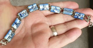 Vintage Art Deco Jewellery Crafted Enamel Dutch Picture Silver Panel Bracelet