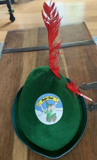 Vintage Felt With Red Feather Peter Pan Hat Disney Great Sticker Unembroidered