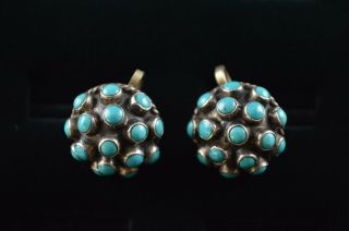 Vintage Sterling Silver Ball Earrings W Turquoise Beads - 11g