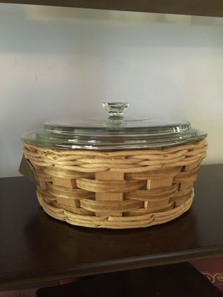 Vintage Pyrex By Corning Glass Baking Dish & Lid Wicker Carrier Basket 024 2qt