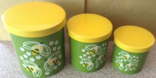 Vintage A Lorrie Design Set Of 3 Canisters Mcm Japan Retro Bumble Bees Daisies