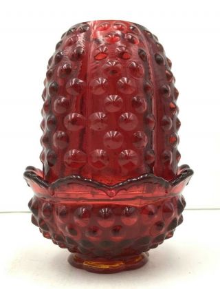Vintage Fenton Ruby Red Amberina Hobnail Glass Fairy Lamp Light Candle Holder