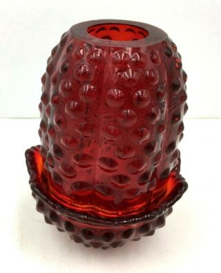 Vintage Fenton Ruby Red Amberina Hobnail Glass Fairy Lamp Light Candle Holder 2
