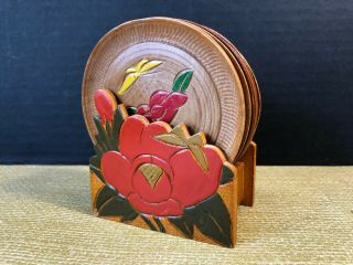 8 Vtg Mid Century Wood Coaster Set W/ Holder Flower Floral Tiki Motif