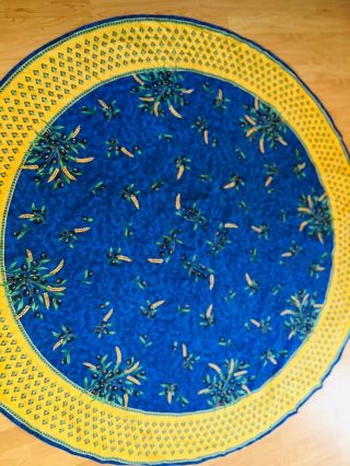Vintage Soleil Provence Tablecloth 68” Round Blue French Country Olive Print