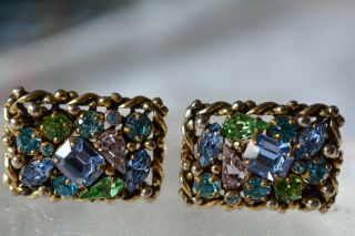 Vintage Barclay Gold Tone Fruit Salad Rhinestone Square Clip On Earrings