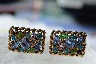 Vintage BARCLAY Gold Tone Fruit Salad Rhinestone Square Clip on Earrings 2