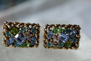 Vintage BARCLAY Gold Tone Fruit Salad Rhinestone Square Clip on Earrings 4