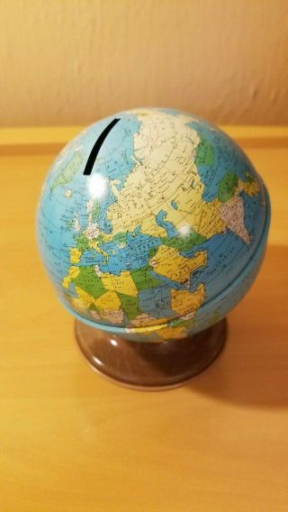 Vintage Ohio Art 4 1/2 Inch Metal Globe Bank With Stopper